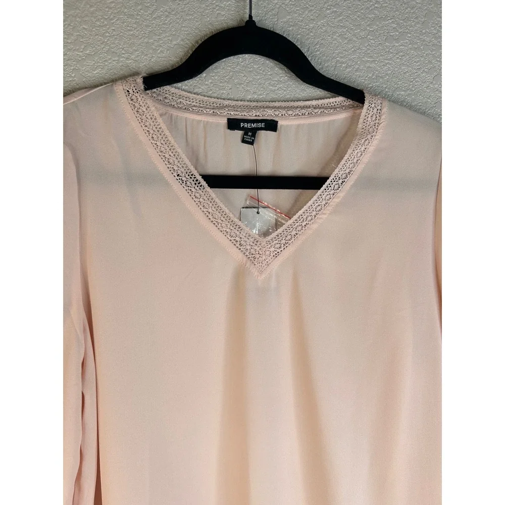 Premise Blush Pink Crochet Lace Trim Long Sleeve Chiffon Boho Top Size Medium